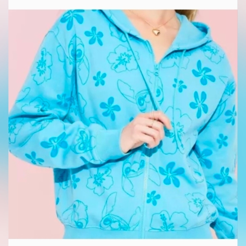 Disney Womens Stitch Zip-Up Graphic Hoodie Sweatshirt - Blue